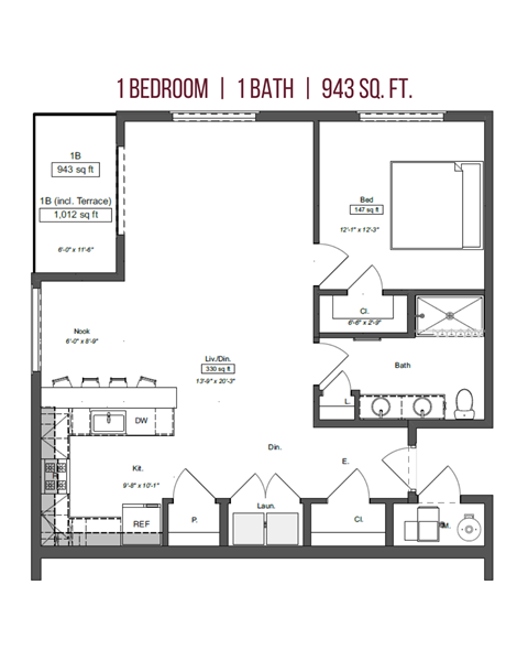 Floor plan for 1 bed, 1 bath, 943 sqft